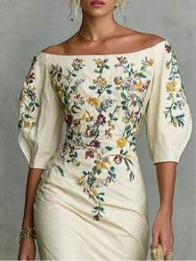 Womens Off The Shoulder Midi Dress Floral Print  Puff Sleeve Slim Fit Cocktail Dress - Beige - View 2