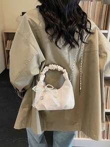 Women's Simple And Versatile High-Quality PU Pleated Handbag, Crescent-Shaped Mini Bag With Beaded Charm And Detachable Shoulder Strap, Perfect For Everyday Casual Wear. - White - View 4