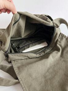 Vintage Minimalist Versatile Flap Shoulder Bag, Thick Washed Canvas Bag, Casual Versatile Large Capacity American Messenger Bag, College Style Japanese University Student Schoolbag, Short Trip Travel Bag, Simple Street Cloth Bag, Black Crossbody Bag , Old Money - 綠色 - 查看 9