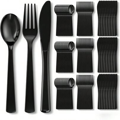 150/75/25/10pcs Black Plastic Cutlery Set, Cake/Pasta Knife, Salad Fork/Dessert Spoon, Elegant Black Party Tableware, Easy To Clean And Reusable, Suitable For Weddings, Luncheons, Family Gatherings, Engagement Parties, BBQs, Dinners, Reunions, Birthdays, Holidays, Retirement Celebrations, Outdoor Picnics, Buffets, Catering, And More! (Multiple Combinations Available To Suit Any Number Of Diners)