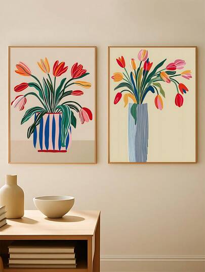 Tulip Wall Art Set Of 2, Modern Floral Vase Prints, Bold Botanical Artwork,The Ideal Gift For Friends, Bedroom Art Print, Living Room Decor, Office Decor, Kitchen Decor, Wall Arts, Wall Decor, Home Decor, Room Decor, Canvas Wall Art, Posters, Frameless