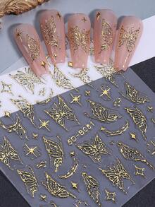 2pcs 5D Embossed Gold Butterfly & Star Spring Nail Art Stickers, Gold Line Butterfly Glitter Luxury Embossed Nail Decals, DIY Japanese Nail Art Self-Adhesive Decorations Nails Nail Supplies - Gold - View 3