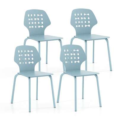  COSTWAY Metal Dining Chair Set Of 4, Modern Kitchen Dinner Chair With Hollowed Backrest & Metal Legs, Armless Guest Chair For Dining Room, Living Room & Bedroom, Blue