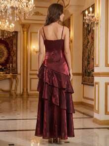 Burgundy Metallic Wedding Guest Dress Elegant 3D Rosette Tiered Ruffles Cami Maxi Gown Luxury Evening Prom Party Dress - Burgundy - View 3