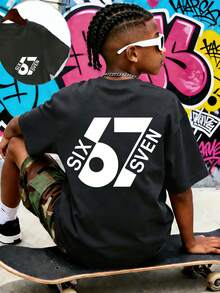 Tween Boy "67" Funny Number Graphic Fashion Boys' Summer Short Sleeve T-Shirt, Suitable For Casual, School, And Street Wear - Dark Grey - View 5