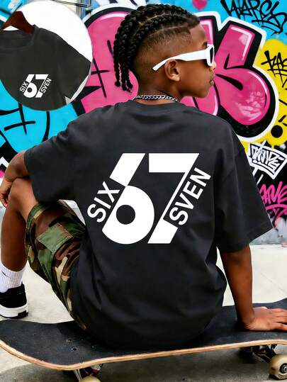 Tween Boy "67" Funny Number Graphic Fashion Boys' Summer Short Sleeve T-Shirt, Suitable For Casual, School, And Street Wear
