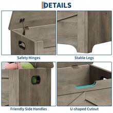 23.6 Storage Trunk With Lid, Large Toy Chest, Wooden Storage Bench With Safety Hinge, Lift-Top Seat With Hidden Storage, For Bedroom, Living Room, Entryway - Washed Ash - View 6