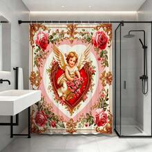 ستارة دش بتصميم قلب كيوبيد الورد الأنيق مع خطافات، ستارة حمام رومانسية فيكتورية، ستارة حمام مزينة بإطار كيوبيد والزهور لديكور حمام عيد الحب، إكسسوارات حمام فاخرة باللون الذهبي، لوازم حمام منزلية أنيقة كلاسيكية، ستارة حمام احتفالية رسمية، ديكور منزلي لا يزول، ستارة حمام فاخرة عالية الجودة - أحمر وأبيض - مشاهدة 4