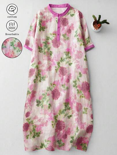 休闲印花短袖 Polo 领长款衬衫裙，优雅舒适，适合春夏度假，粉色