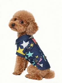 1pc Pet Clothes, Star Denim Effect Shirt, Colorful Star Denim Effect, Casual Stylish Fashion, Personalized, Suitable For Medium/Small Dogs Like Teddy, Poodle, Corgi, Dachshund, Anti-Shedding, Unique Design - Blue - View 3