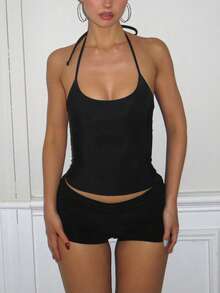 Women's Scoop Neck Tank Top Summer Sleeveless Cute Y2K Cami Tops Basic Going Out Crop Shirt - Black - View 2