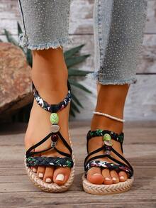 Sandal đế bằng nữ mùa hè mới, mũi tròn, đính hạt thủ công, phong cách Bohemian, đa năng, thoải mái, thích hợp cho kỳ nghỉ. - màu đen - Xem 2