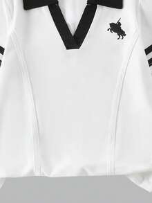 Bộ 2 món thời trang cho bé gái, áo cổ chữ V tay ngắn phối đen trắng và quần ống rộng, thích hợp mặc mùa hè. - trắng - Xem 6