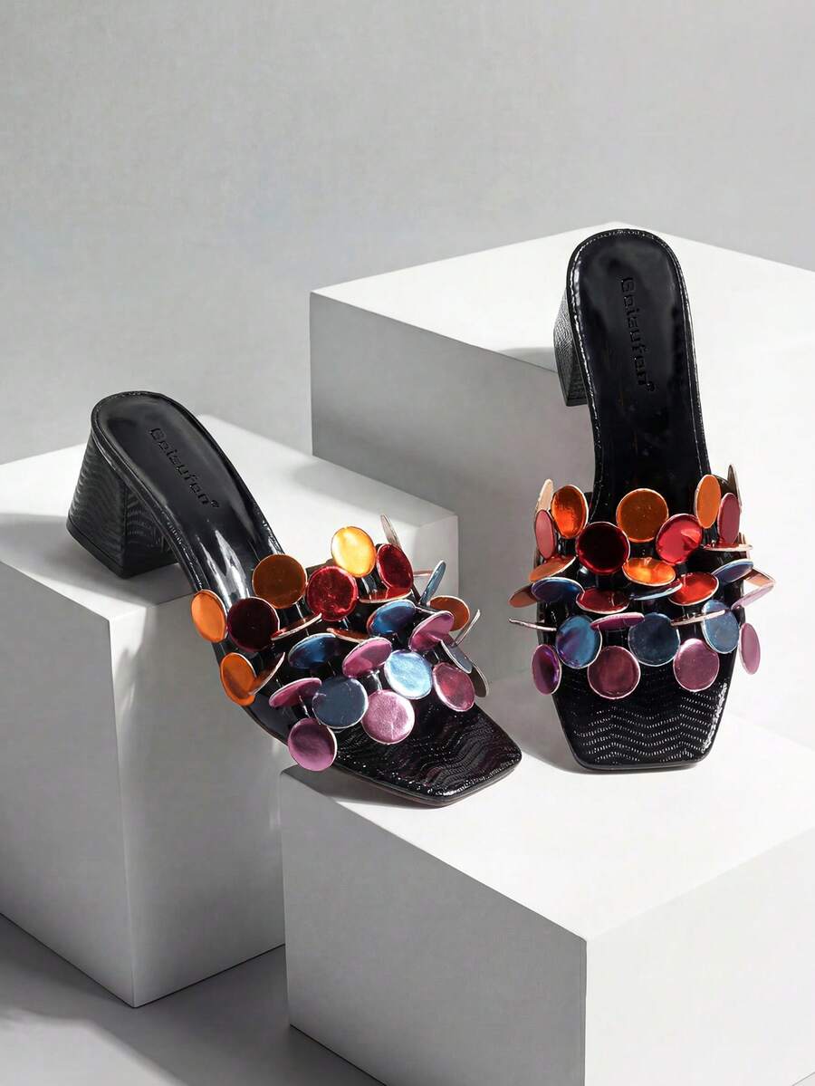 Women's Shiny Black Sequin Flower Decor Block Heel 5cm Block Heel Sandals, Summer European And American Style Party Evening Gold Glitter Rhinestone Square Thick Heel Slides - Black - View 1