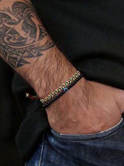 2件套编织绳手链 邪眼吊坠手链 波西米亚风石珠手链配饰首饰