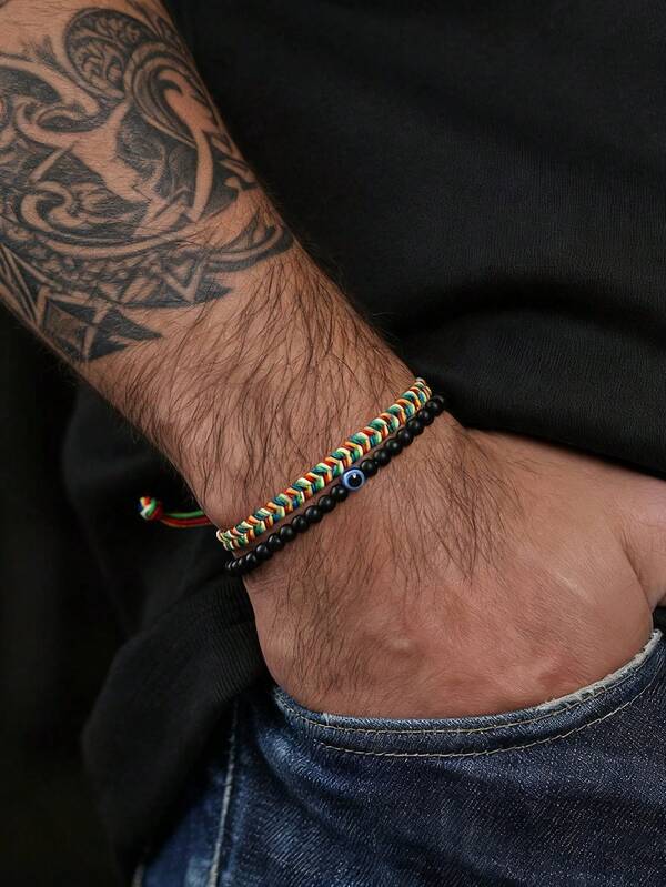 2件套编织绳手链 邪眼吊坠手链 波西米亚风石珠手链配饰首饰