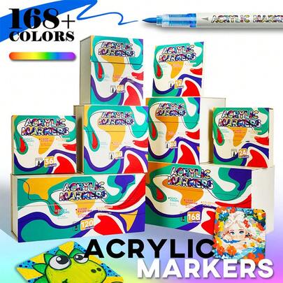 12/24/26/48/60/80/120/168 Colors Painting Graffiti Pens, Acrylic Marker Pens With Flexible Tip, Mixed Color Set, Waterproof Overlapping Colors For DIY Graffiti Painting, Suitable For Rock Painting, Calligraphy, Scrapbooking, Handwriting, Card Making, Black Card Paper, Stone Painting, Christmas Decorations, Wood, Plastic, Canvas, Exquisite Gift Box Packaging, Especially Suitable For Boys/Girls Students Gifts, Back To School & Teacher Rewards.