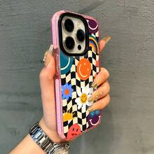 Groovy  Face Phone Case, Retro Vibe, For Compatible With IPhone 17/17pro/17promax/17Air/Iphone16/16pro/16plus/16promax/15/15promax/15pro/11/12/13/14promax/12mini/13mini/11pro/11promax/12pro/12promax/13pro/13promax/14pro/14promax, Fun Flower And Rainbow Pattern Gift,  Aesthetic Present For Her, Cool Groovy Decor Gift - 淺粉色 - 查看 1