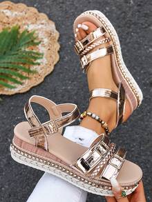 Sandalias de tacón alto con suela de cuerda para mujer, tacón de cuña, punta abierta, lazo, zapatos de plataforma con tacón grueso, adecuados para verano y primavera - Oro rosa - Ver 1