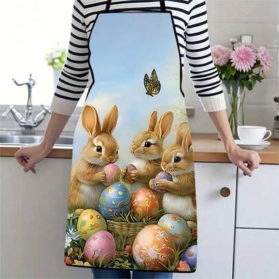 1PC Happy Easter Apron With Cute Rabbit And Colorful Eggs Design Perfect For Holiday Baking Cooking Festive Kitchen Decor Spring Seasonal Party Supplies Easter Themed Gift For Women Men Kids Celebrations