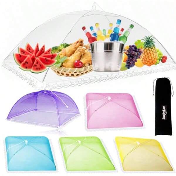 6PCS Mesh Food Covers Pop Up Food Umbrella Tent Covers Fruit Cake Net Domes 100*60cm And 43*43cm For Outdoors Screen Tents Parties Picnics BBQs Dishes Reusable And Collapsible Rainbow (1+5 )