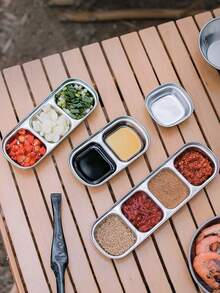 1pc Stainless Steel Hotpot Seasoning Dish, Barbecue Plate, 2/3 Compartment Sauce Dish, Korean Style Condiment Plate - Silver - View 1