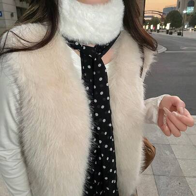1pc Black Polka Dot Scarf With Fur Collar And Ribbons, Niche High-End American Style Warm Neck Wrap