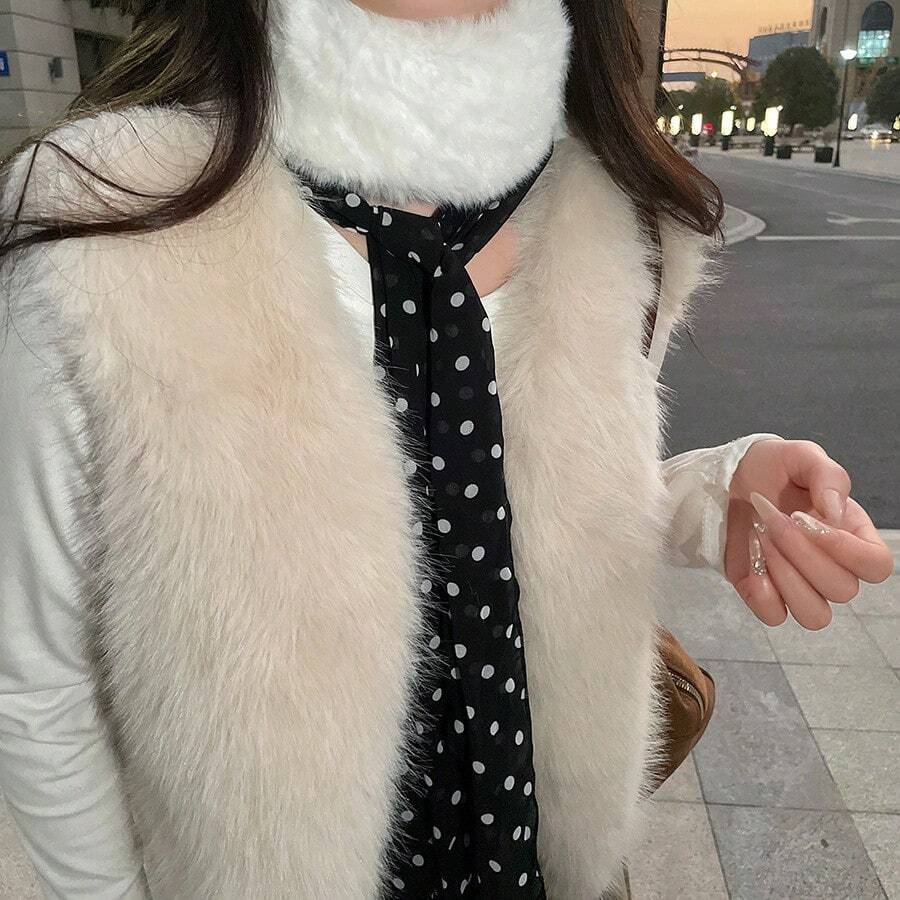 1pc Black Polka Dot Scarf With Fur Collar And Ribbons, Niche High-End American Style Warm Neck Wrap - Polka Dots - View 1