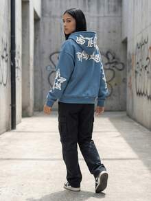 Y2K Gothic Punk Fashion Zipper Hoodie For Women With Snowflake Pattern And Letter Print Design Warm Fall Winter Jacket, Versatile Daily Wear, Back ToSchool, Graduation, Teacher Attire, Outdoor Fitness,Running, Valentine'S Day, Christmas Party - 藍色 - 查看 5