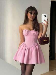 女士纯色梭织A字露背系带褶皱优雅性感度假连衣裙 粉色夏季 - 粉色 - 查看 3