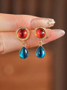 1 Pair Retro Contrast Color Resin Teardrop Earrings - Multicolor - View 1