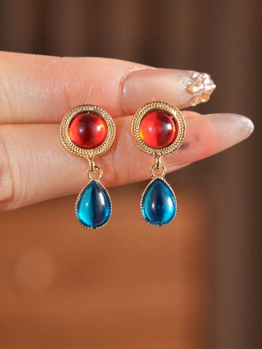 1 Pair Retro Contrast Color Resin Teardrop Earrings - Multicolor - View 1