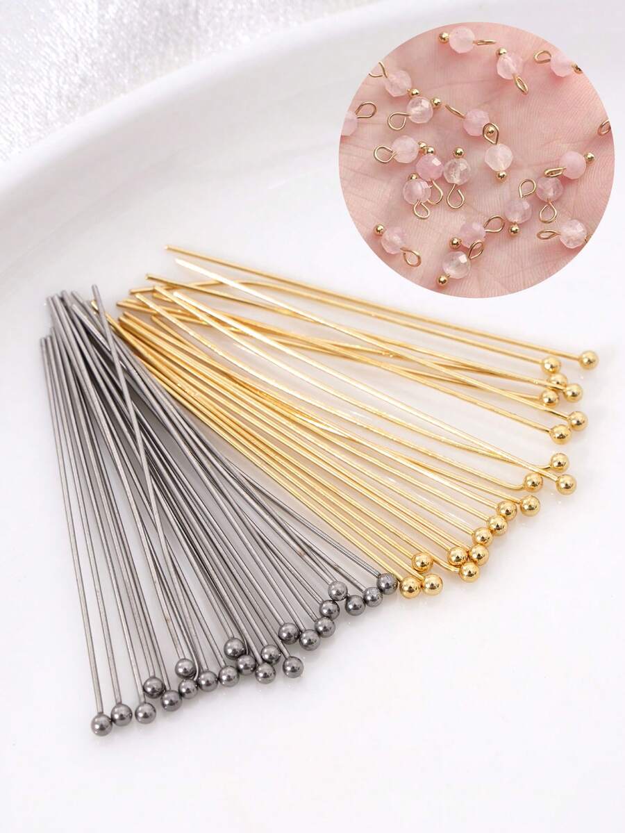 50/100支装 304不锈钢饰品制作球形针,适用于DIY饰品制作,直针,金色和钢色饰品制作针,金属头针,适用于工艺耳环、手链、项链、吊坠等饰品制作。 - Ball Needle Pins - 查看 1