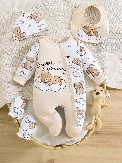 5pcs Newborn Baby Boy Cloud Bear Print Contrast Color Romper + Hat + Gloves + Bib + Cute Outfit Set, Suitable For All Seasons