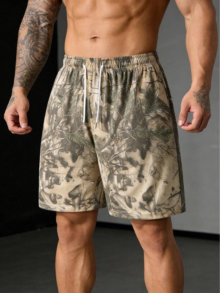 男士热带印花抽绳腰短裤 - 卡其色 - 查看 9