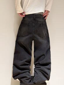 Hearty Haven 男士休闲宽松直筒水洗牛仔裤（不含腰带或配饰） - 黑色 - 查看 4