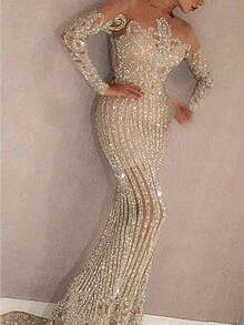 Women's Gold Sequin Maxi Dress Spring Summer Sparkly Glitter Slim Fit Elegant Party Dress - 米色 - 查看 2