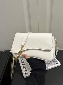 1pc Minimalist Solid Color Flap Shoulder Bag, Classic Textured Crossbody Bag, Women Handbag - White - View 3