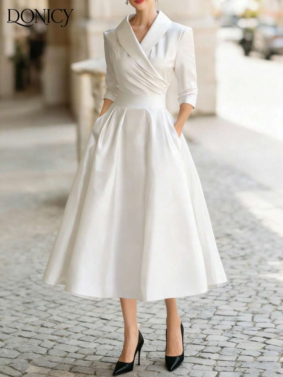 DONICY Đầm sơ mi dài tay cổ chéo sang trọng, ôm dáng dành cho nữ mùa thu/đông, chất liệu satin cao cấp, thích hợp cho hẹn hò, tiệc tùng, sự kiện kinh doanh và đi làm.