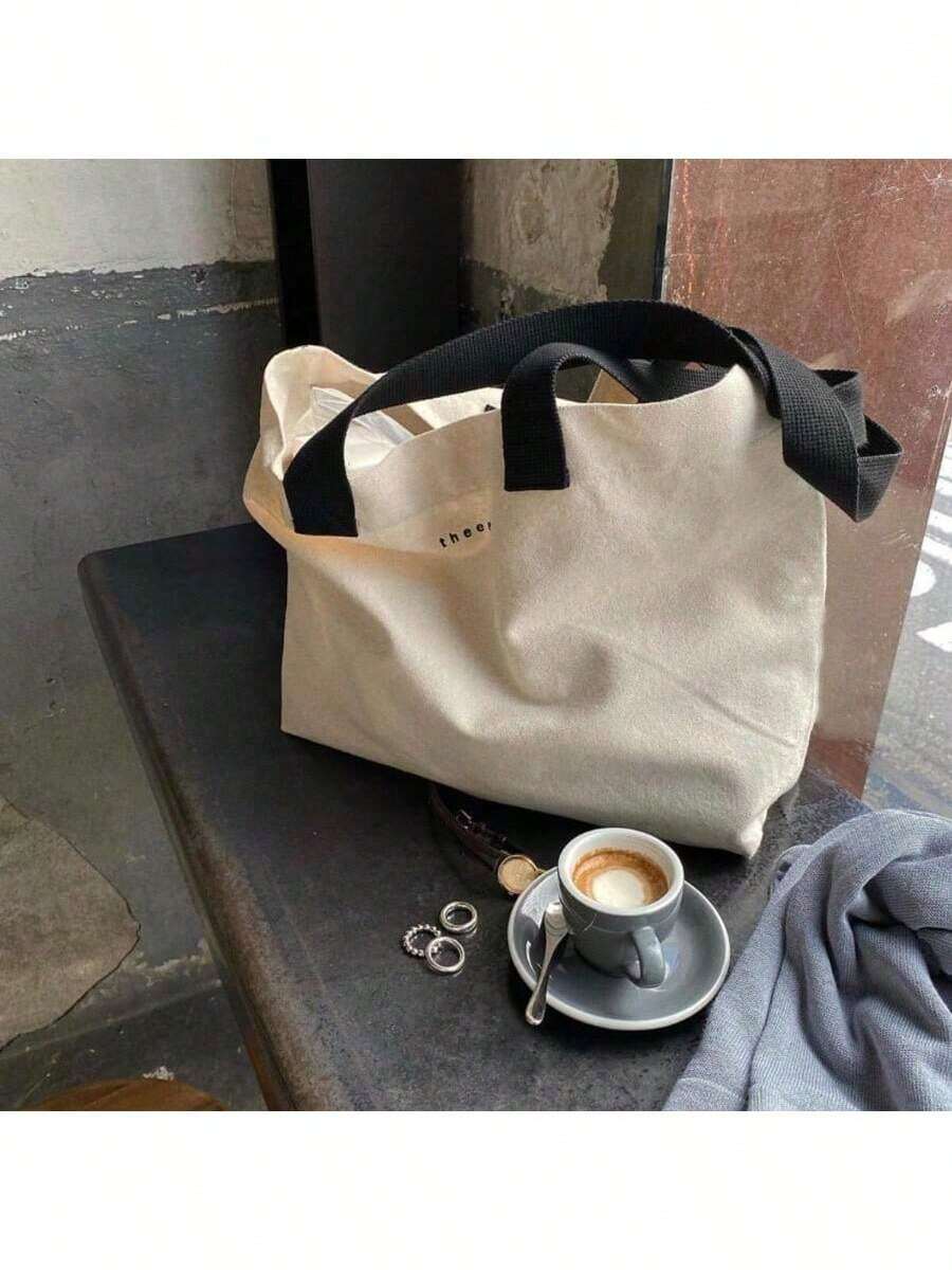 Minimalist Canvas Shoulder Tote Bag, Women Handbag - Beige - View 1