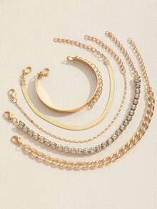  5Pcs/Set Luxurious Bracelets For Women Rhinestone Shiny Adjustable Opening Chain Bracelets Punk Bangle Fashion Jewelry Accessories - Yellow Gold - View 4