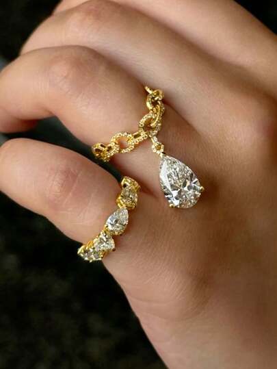 rundraw 2 piezas Nuevo 2026 Elegante y lujoso conjunto de anillos de mujer con cadena geométrica y gota de agua de cobre con circonita dorada, adecuado para fiestas, accesorios de uso diario, mejor regalo para amigos, parejas, Año Nuevo, Día de San Valentín