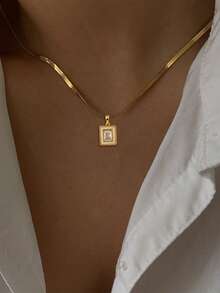 1pc Girl's Pendant Necklace, Minimalist Layered Design, Stainless Steel Flat Chain With Cubic Zirconia Inlaid Rectangular Shell Pendant, Versatile Daily Wear Gift Accessory - Yellow Gold - View 2