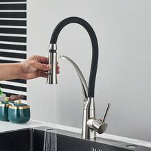 Ausziehbarer Küchenwasserhahn mit flexiblem Silikonsprüher, Einhebel-Auszieharmatur aus Messing mit Schwanenhals, moderne Hochbogenarmatur, Chrom mit schwarzem Gummi-Ausziehschlauch - Gebürstetes Nickel - Übersicht 2