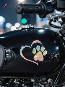 1pc Dog Paw Print Heart Design Faux Diamond Sticker, Shiny Cute Car Motorcycle Cartoon Decal - A - View 7