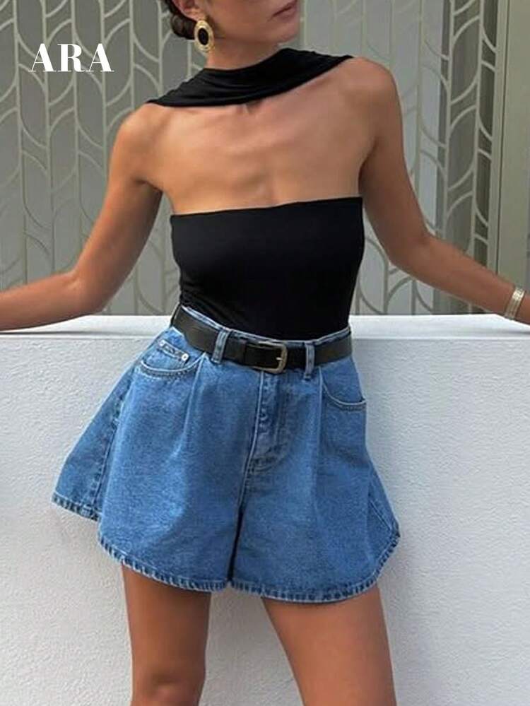 Blusa sin hombros de estilo francés negro ARA CHIC para mujer, diseño sin espalda, ajustada y sin mangas, adecuada para citas y vacaciones, nueva llegada primavera/verano 2026 - Negro - Añade 6