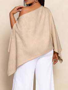 Women's Plus Size Flowy Tops Fashionable Solid Color Batwing Sleeve Off One Shoulder Loose Fit Blouse For Casual Daily Wear - 駝色 - 查看 7
