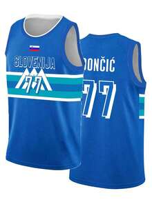 男士刺绣篮球服 77 蓝色休闲无袖背心 V 领 T 恤 派对运动上衣 - 藍色 - 查看 1