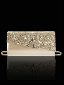 闪亮奢华女士亮片手拿晚宴包，V形金属翻盖包，信封包时尚派对包，女士舞会手提包，女士新娘晚宴包，舞会手提包，闪耀奢华钻石首饰套装，闪亮项链、耳环和手链套装，适合搭配闪亮晚礼服、婚纱和派对礼服 - 金色 - 查看 10