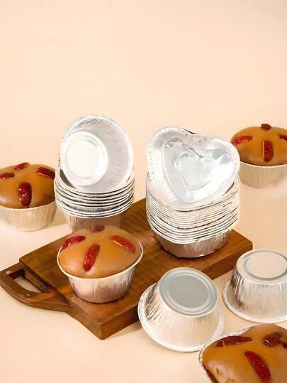 50 piezas/paquete Recipientes desechables de aluminio - Recipientes de aluminio para el hogar adecuados para hornear huevos y ostras - Moldes para pasteles, recipientes de aluminio para freidora de aire - Adecuados para cocina, restaurante, escuela y panadería.